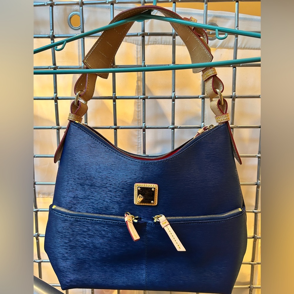 Dooney & Bourke Navy Leather Shoulder Hobo with Tan Handles